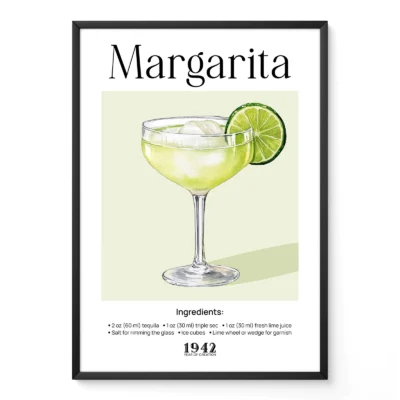 Margarita poster with vintage watercolor illustration of classic lime cocktail in stemmed glass.