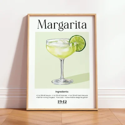 Margarita poster in wooden frame, minimalist retro cocktail wall art with soft green tones.