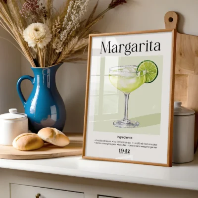 Margarita poster styled on shelf with decor, vintage watercolor cocktail print aesthetic.