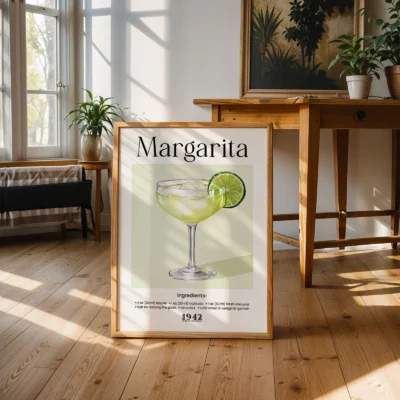 Margarita poster displayed in bright interior, classic retro cocktail wall print.