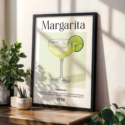 Margarita poster styled with plants, retro cocktail wall art for natural interiors.