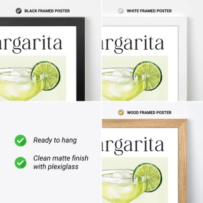 Margarita poster framed options shown, vintage cocktail print ready to hang.