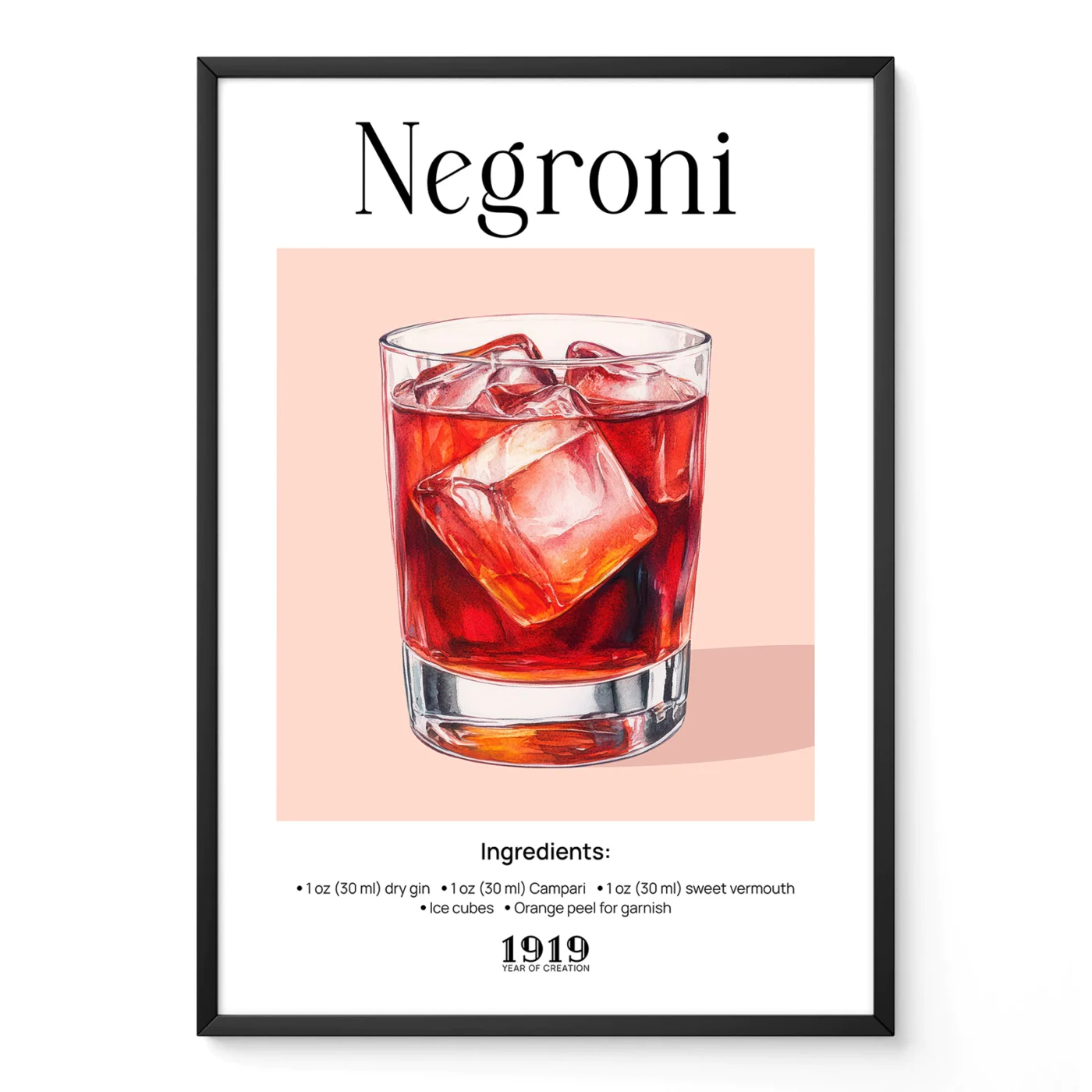 Negroni poster with classic Italian cocktail illustration, vintage style red drink in rocks glass.
