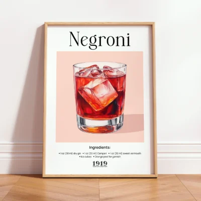 Negroni poster in wooden frame, minimalist retro cocktail wall art with warm red tones.