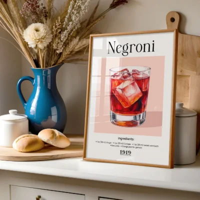Negroni poster styled on shelf with decor, vintage Italian cocktail print aesthetic.