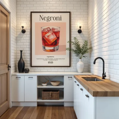 Negroni poster hanging in kitchen interior, vintage Italian cocktail wall art.
