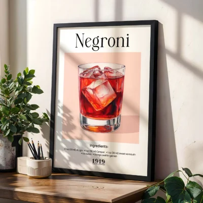 Negroni poster styled with plants, classic Italian cocktail wall art in retro style.