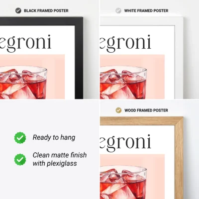 Negroni poster framed options shown, vintage Italian cocktail print ready to hang.