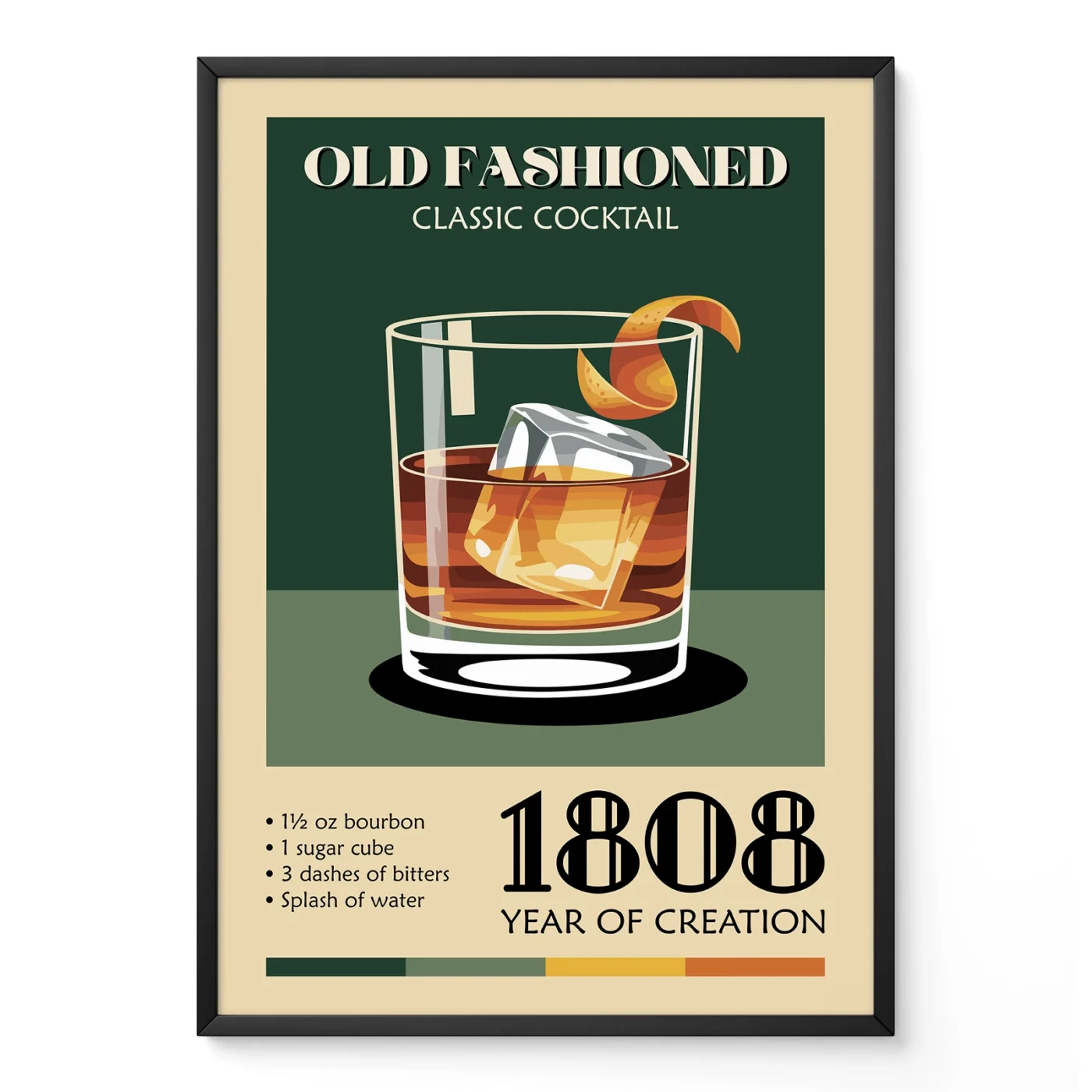 Vintage Old Fashioned cocktail poster with illustrated whiskey glass and classic bar typography.