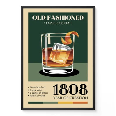 Vintage Old Fashioned cocktail poster with illustrated whiskey glass and classic bar typography.