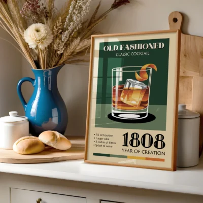 Old Fashioned vintage cocktail poster on shelf with vase and kitchen decor, warm classic styling.