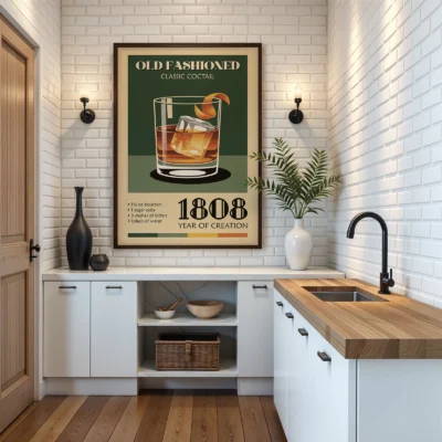 Old Fashioned vintage cocktail poster displayed in kitchen interior, classic bar design.