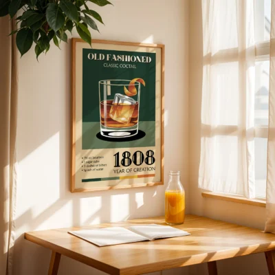 Old Fashioned cocktail poster on table by window with sunlight, vintage whiskey bar aesthetic.