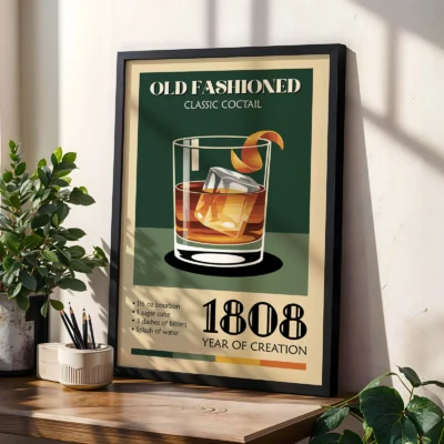 Framed Old Fashioned cocktail poster on shelf with plants, classic vintage bar style.