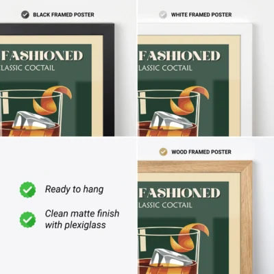 Old Fashioned cocktail poster showing black, white and wood frame options, ready to hang.