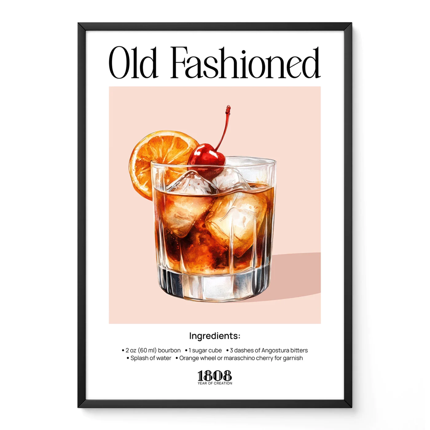 Vintage Old Fashioned cocktail poster with illustrated whiskey glass and classic bar typography.