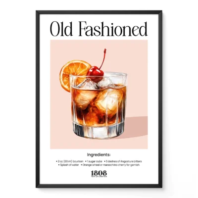 Vintage Old Fashioned cocktail poster with illustrated whiskey glass and classic bar typography.