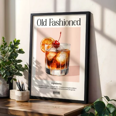 Framed Old Fashioned cocktail poster on shelf with plants, classic vintage bar style.