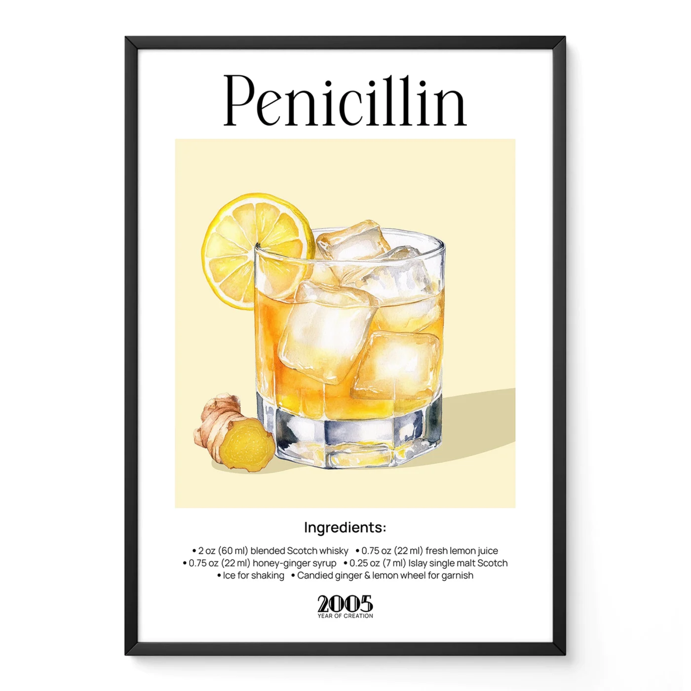 Retro Penicillin cocktail poster with illustrated whisky glass, lemon garnish and classic bar typography.