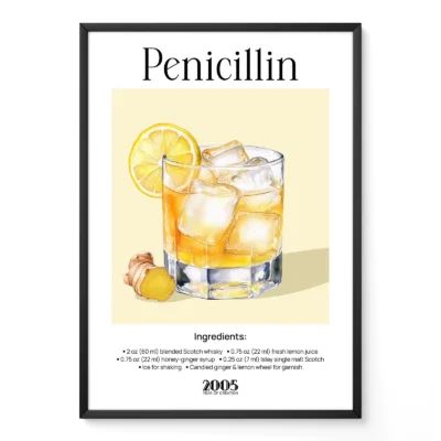 Retro Penicillin cocktail poster with illustrated whisky glass, lemon garnish and classic bar typography.