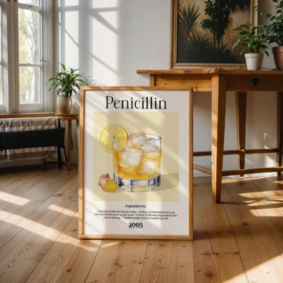 Penicillin cocktail poster standing on floor in sunlit room, classic whisky bar illustration style.