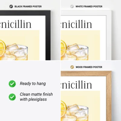 Penicillin cocktail poster showing black, white and wood frame options, ready to hang.