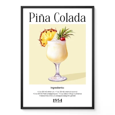 Pina Colada poster with tropical rum cocktail illustration, retro style creamy drink with pineapple garnish.