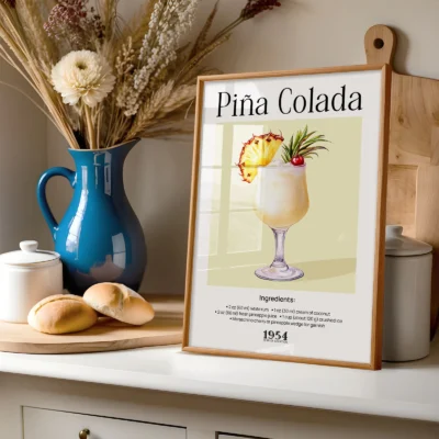 Pina Colada poster styled on shelf with decor, vintage tropical cocktail wall print.