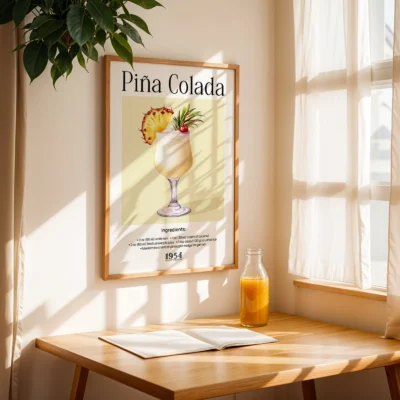 Pina Colada poster near window with natural light, vintage tropical cocktail wall print.