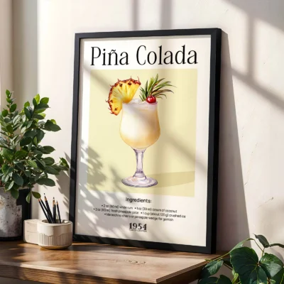 Pina Colada poster styled with plants, retro tropical cocktail wall art print.