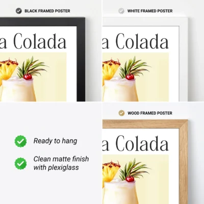 Pina Colada poster framed options shown, vintage tropical cocktail print ready to hang.