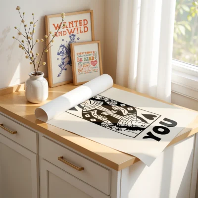Unframed black and cream Queen of Hearts poster laid on desk, showing hand-drawn playing card design.