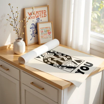 Unframed black and cream Queen of Hearts poster laid on desk, showing hand-drawn playing card design.