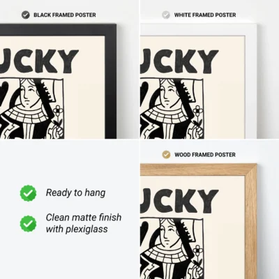 Black and cream Queen of Hearts poster showing black, white and wood frame options.