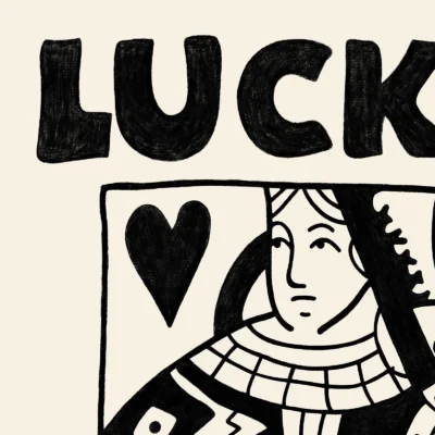 Close-up of black and cream Queen of Hearts illustration with bold lines and retro hand-drawn typography.