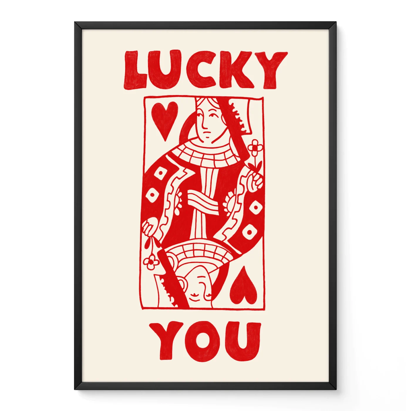 Framed red and cream Queen of Hearts poster leaning against wall, hand-drawn retro playing card style.