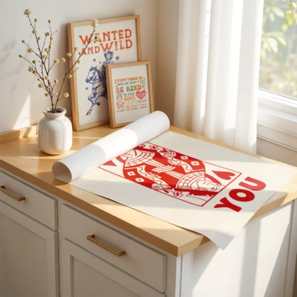 Unframed red and cream Queen of Hearts poster laid on desk, showing hand-drawn playing card design.