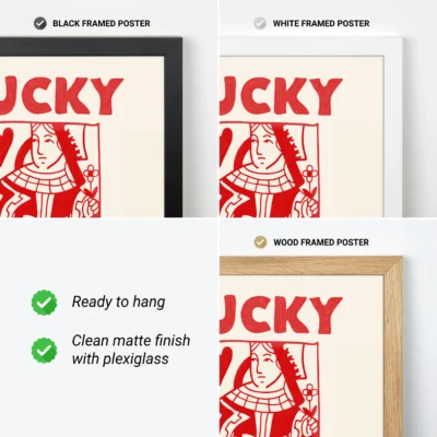 Red and cream Queen of Hearts poster showing black, white and wood frame options.