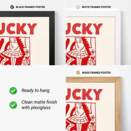 Red and cream Queen of Hearts poster showing black, white and wood frame options.