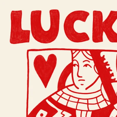 Close-up of red and cream Queen of Hearts illustration with bold lines and hand-drawn retro typography.