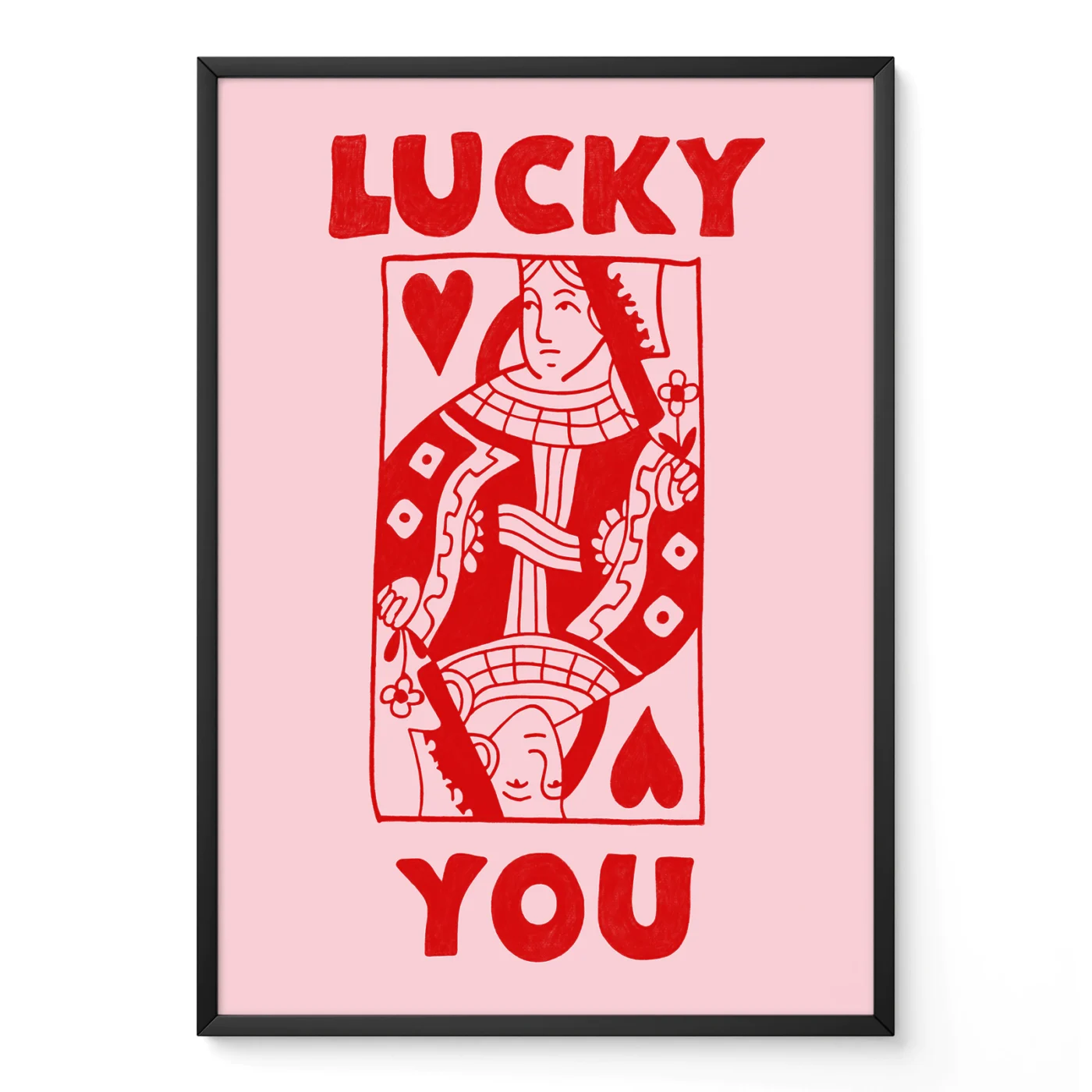 Framed red and pink Queen of Hearts poster leaning against wall, hand-drawn funky retro playing card style.