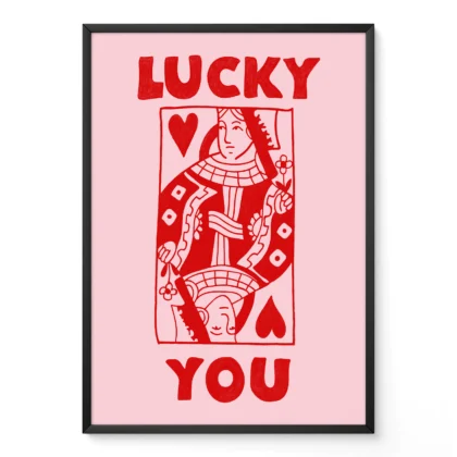 Framed red and pink Queen of Hearts poster leaning against wall, hand-drawn funky retro playing card style.