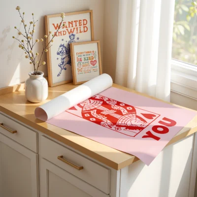 Unframed red and pink Queen of Hearts poster laid on desk, showing hand-drawn funky playing card design.