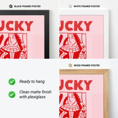 Red and pink Queen of Hearts poster showing black, white and wood frame options, ready to hang.