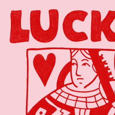 Close-up of red and cream Queen of Hearts illustration with bold lines and funky hand-drawn typography.