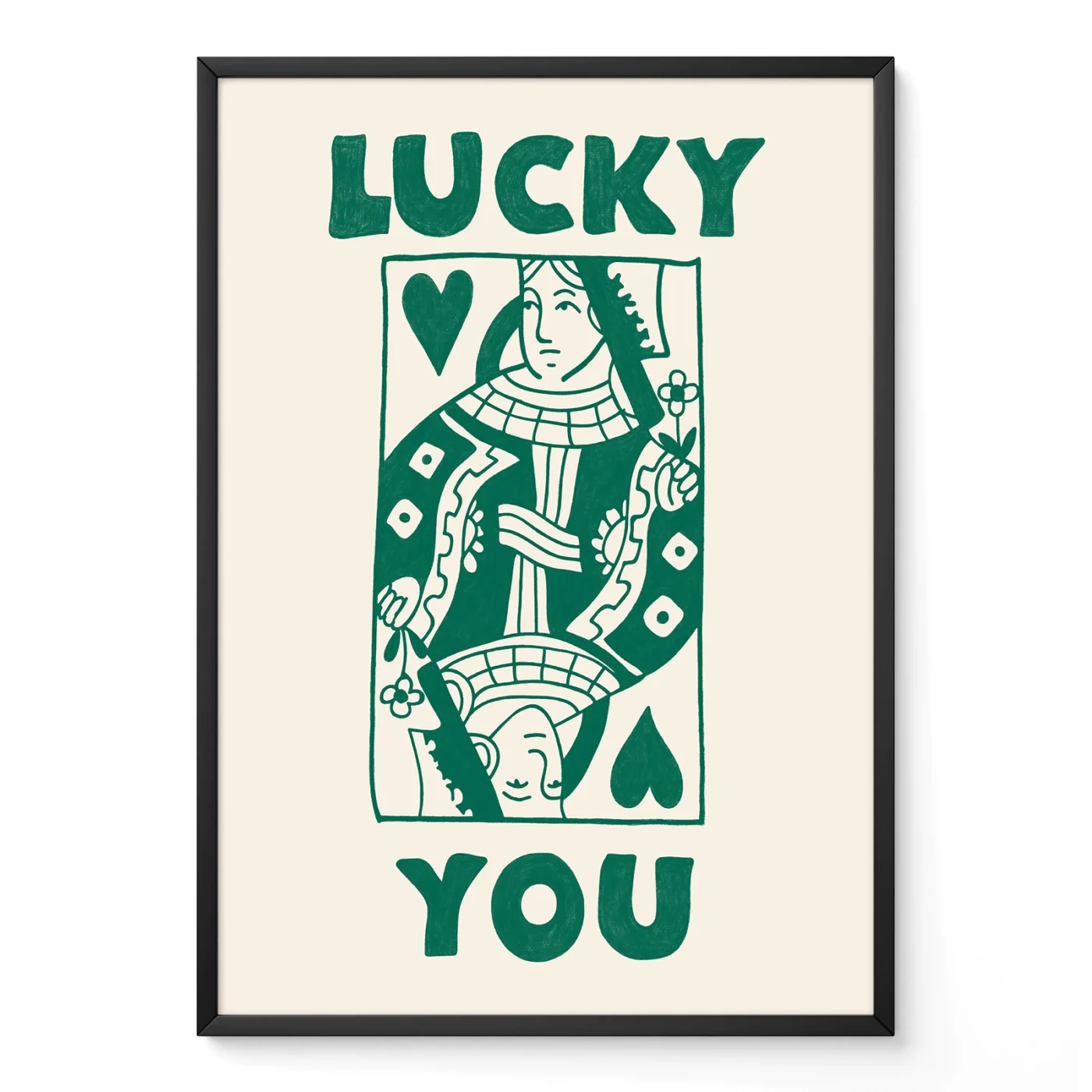 Framed green and cream Queen card poster leaning against wall, hand-drawn retro playing card style.