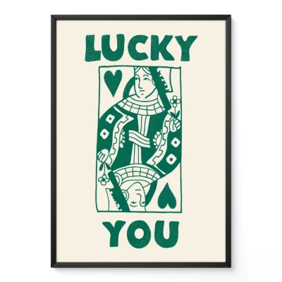 Framed green and cream Queen card poster leaning against wall, hand-drawn retro playing card style.