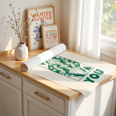Unframed green and cream Queen card poster laid on desk, showing hand-drawn playing card details.