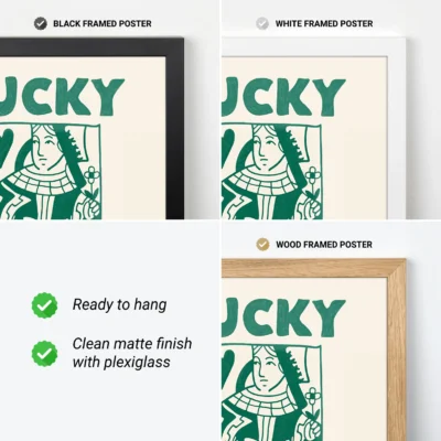 Green and cream Queen card poster showing black, white and wood frame options, ready to hang.