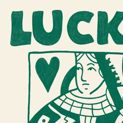 Close-up of green and cream Queen card illustration with bold lines and hand-drawn retro typography.